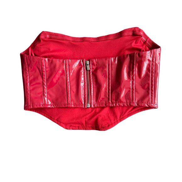 Red Patent Faux Leather Strapless Corset Top With Back Zipper Closure - Picture 2 of 4